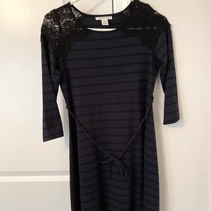 Motherhood, Maternity Women Navy Blue Dress, Lace Shoulders